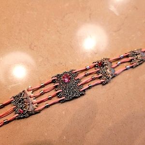 Pink Gemstone and SS leather rope choker